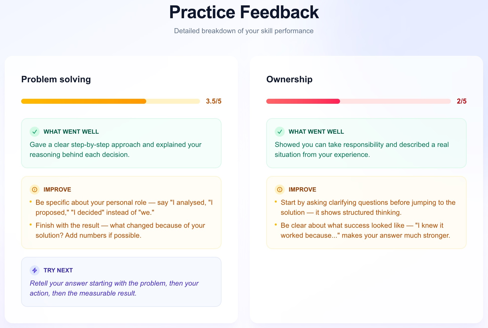 Practice feedback screen