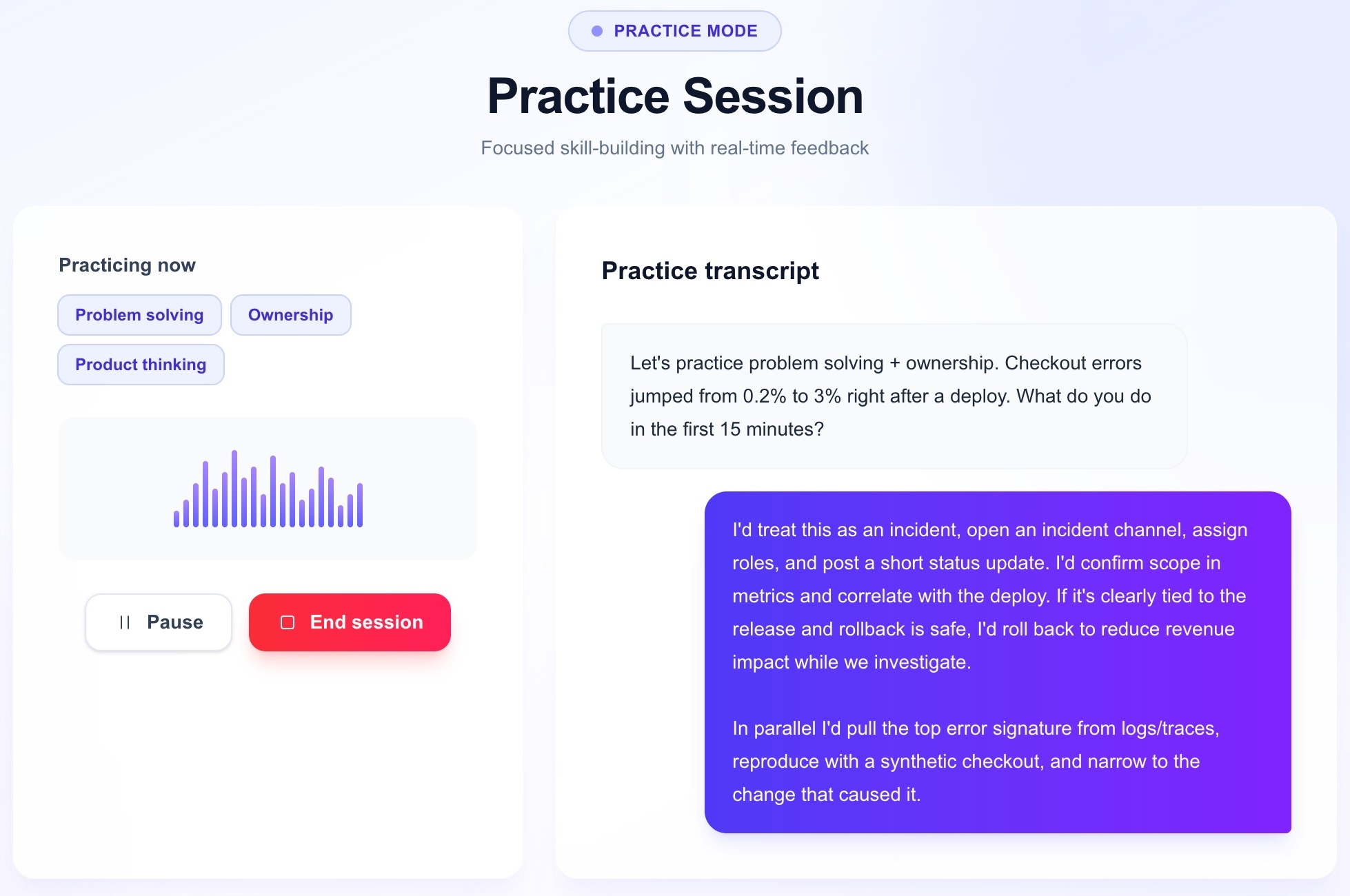 Practice session screen