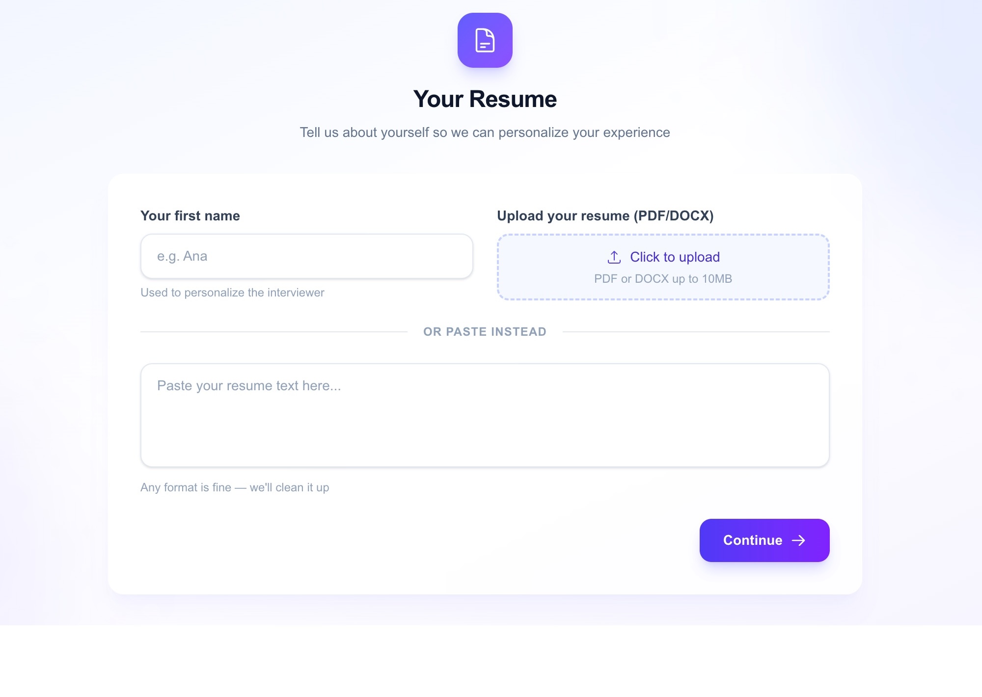 Resume upload screen